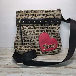 Juicy Couture Crossbody All Over Print Purse Bag Heart Logo Decal Black Beige